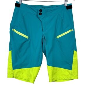 Sombrio Womens Medium Drift Shorts Teal Neon Yellow Zip Pockets Cycling Bike